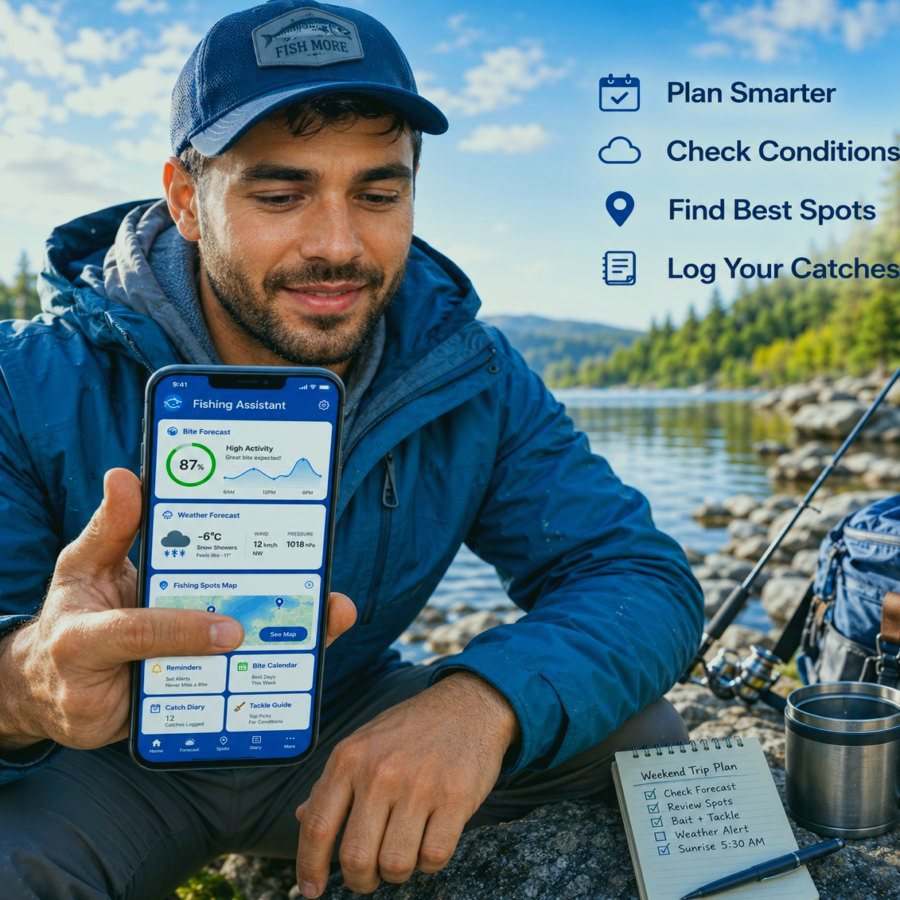 Fishing Assistant app screen with forecast and map