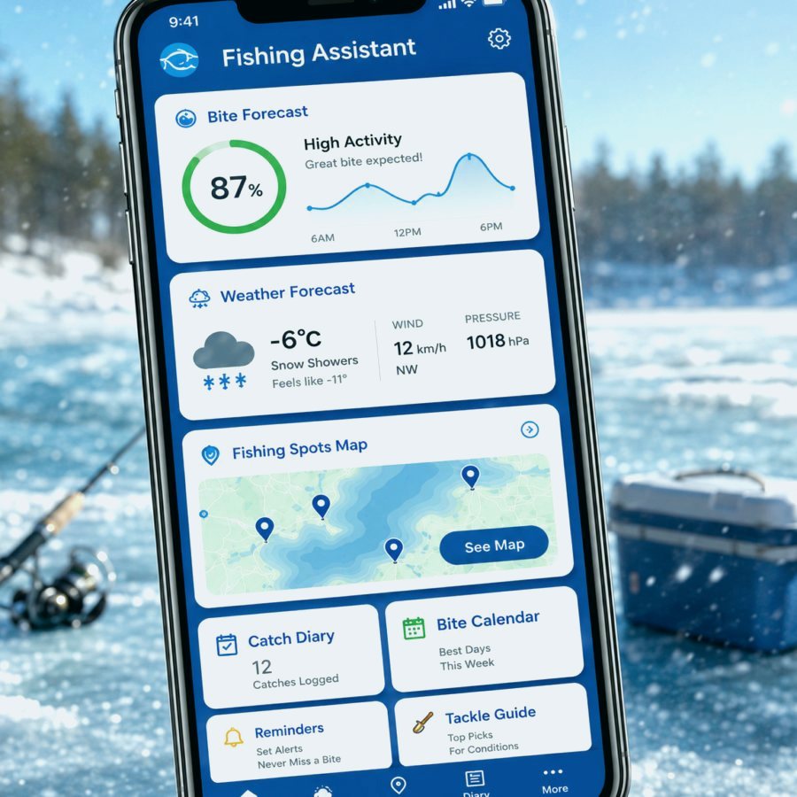 Fishing map screen with saved spots